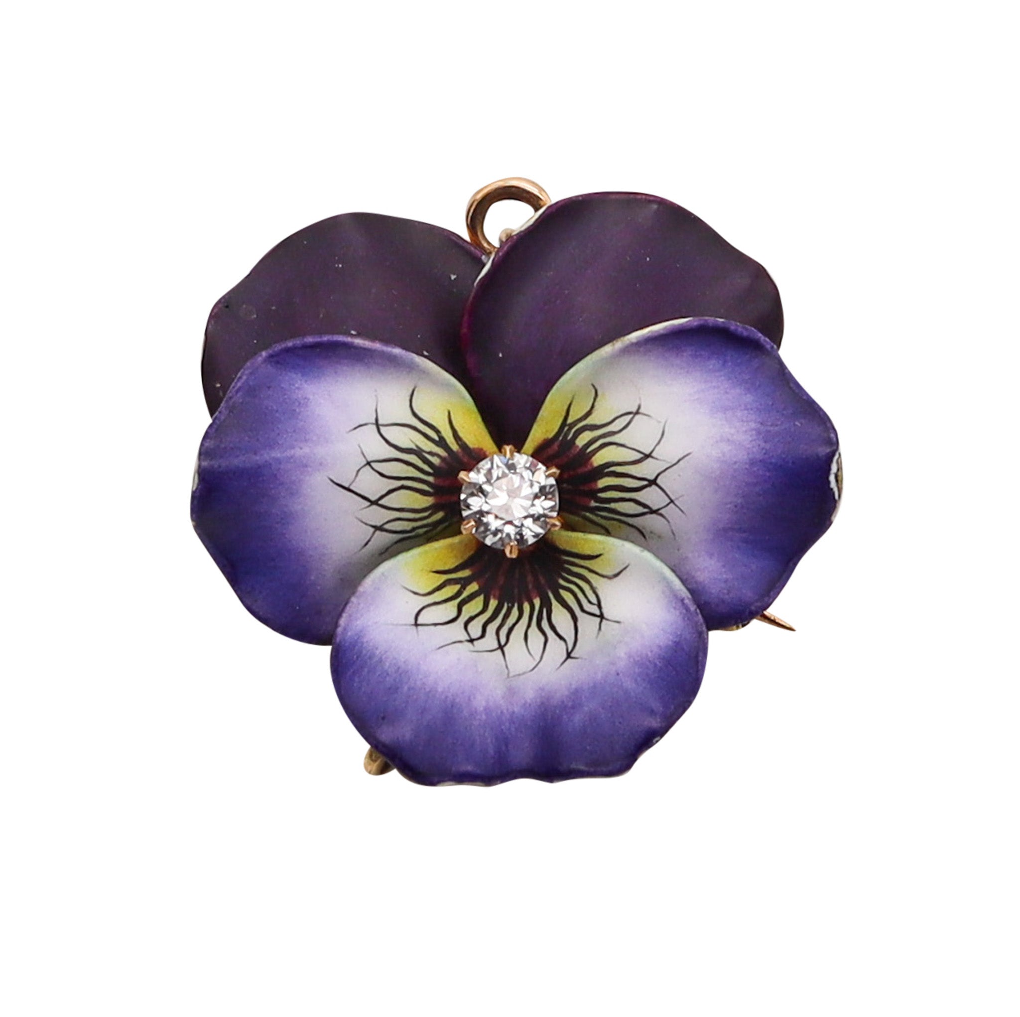 -Hedges & Co. 1900 Enameled Pansy Pendant Brooch In 14Kt Gold With Diamond