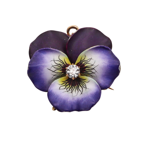 -Hedges & Co. 1900 Enameled Pansy Pendant Brooch In 14Kt Gold With Diamond