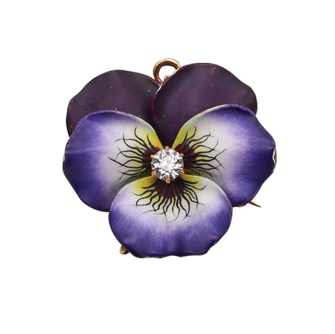 -Hedges & Co. 1900 Enameled Pansy Pendant Brooch In 14Kt Gold With Diamond