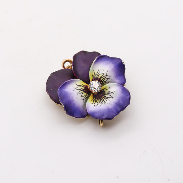 -Hedges & Co. 1900 Enameled Pansy Pendant Brooch In 14Kt Gold With Diamond