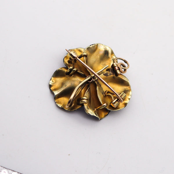 -Hedges & Co. 1900 Enameled Pansy Pendant Brooch In 14Kt Gold With Diamond
