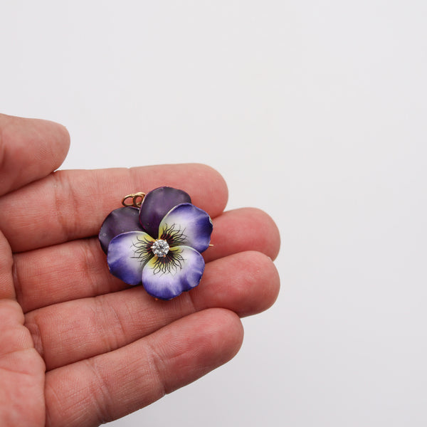 -Hedges & Co. 1900 Enameled Pansy Pendant Brooch In 14Kt Gold With Diamond