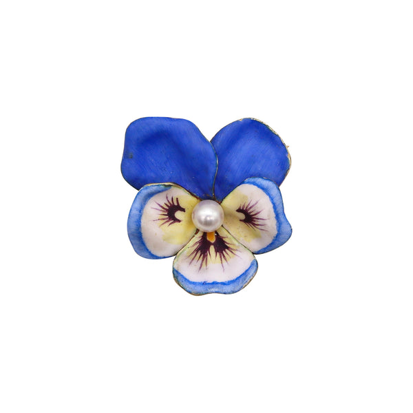 -Larter & Son 1900 Art Nouveau Enameled Pansy Flower Brooch In 14Kt Gold & Pearl