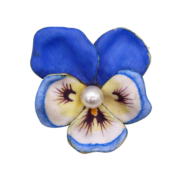 -Larter & Son 1900 Art Nouveau Enameled Pansy Flower Brooch In 14Kt Gold & Pearl