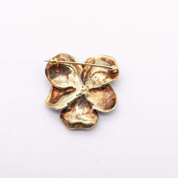 -Larter & Son 1900 Art Nouveau Enameled Pansy Flower Brooch In 14Kt Gold & Pearl