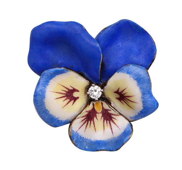 -Larter & Sons 1900 Art Nouveau Enameled Pansy Flower Brooch In 14Kt Gold Diamond