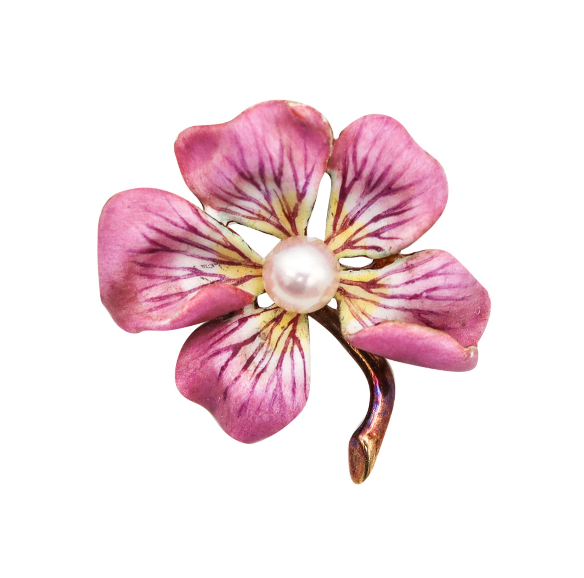 -Larter & Sons 1900 Art Nouveau Enameled Pansy Flower Brooch In 14Kt Gold Pearl