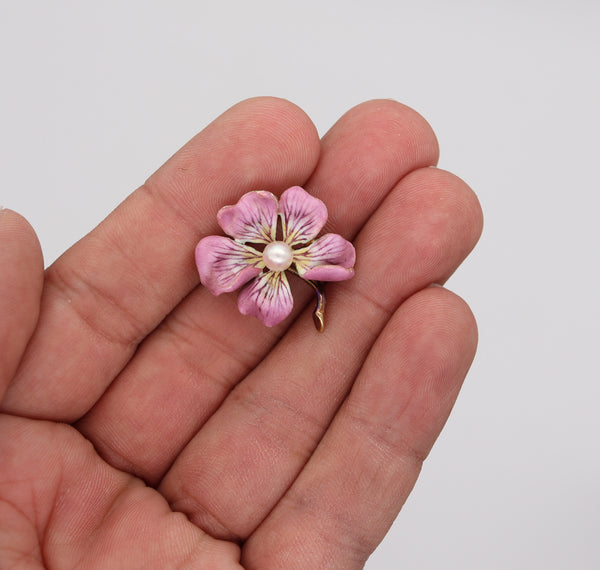 -Larter & Sons 1900 Art Nouveau Enameled Pansy Flower Brooch In 14Kt Gold Pearl