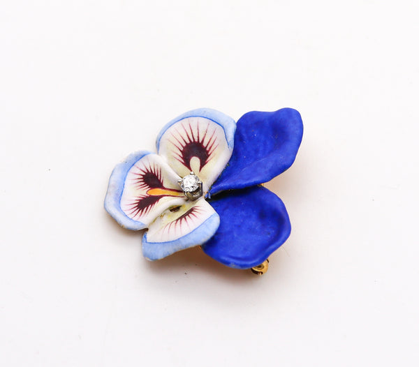 -Larter & Sons 1900 Art Nouveau Enameled Pansy Flower Brooch In 18Kt Gold Diamond