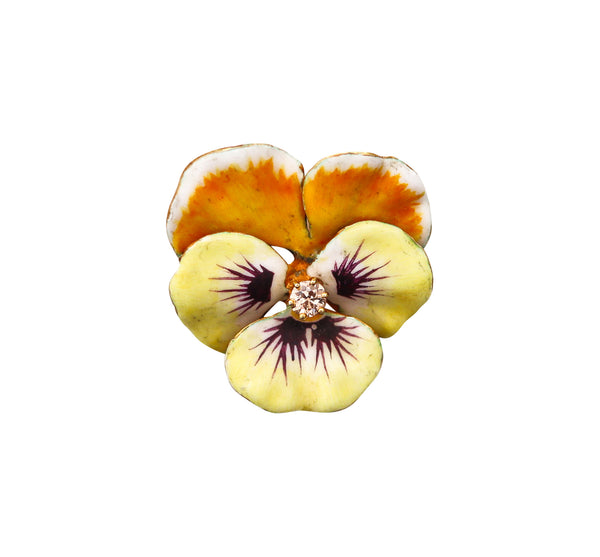 -Edwardian 1900 Enameled Yellow Pansy Flower Brooch In 14Kt Gold With Diamond