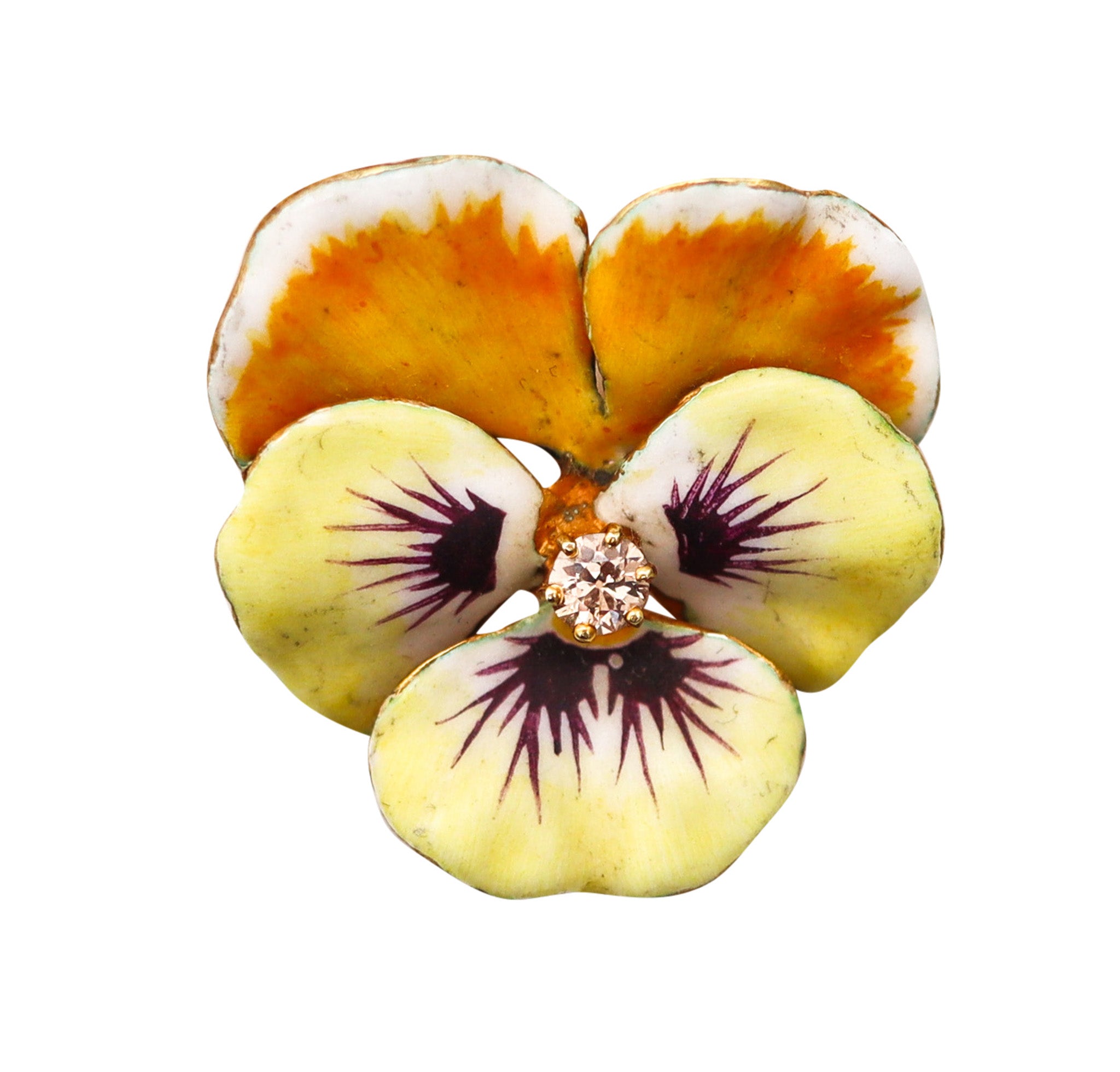 -Edwardian 1900 Enameled Yellow Pansy Flower Brooch In 14Kt Gold With Diamond