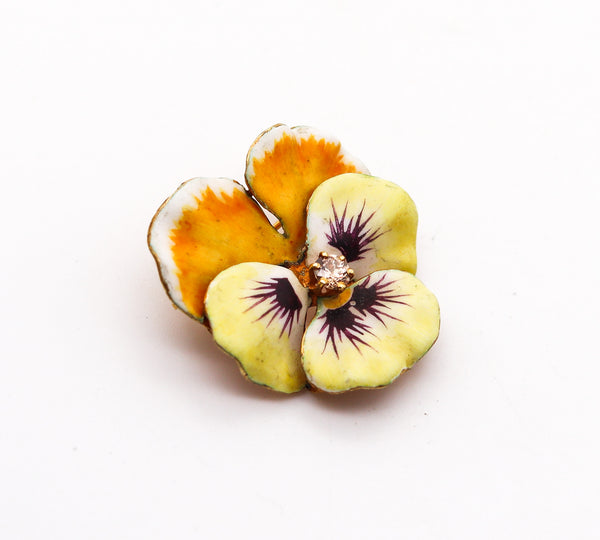 -Edwardian 1900 Enameled Yellow Pansy Flower Brooch In 14Kt Gold With Diamond