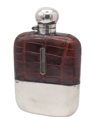 JAMES DIXON & SONS 1891 Sheffield Large Liquor Flask In .925 Sterling & Crocodile