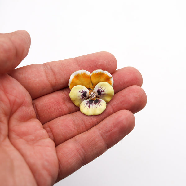 -Edwardian 1900 Enameled Yellow Pansy Flower Brooch In 14Kt Gold With Diamond