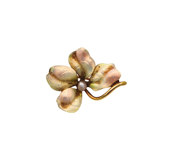 -Art Nouveau 1900 Edwardian Enamel Orchid Flower Brooch In 14Kt Gold and Pearl