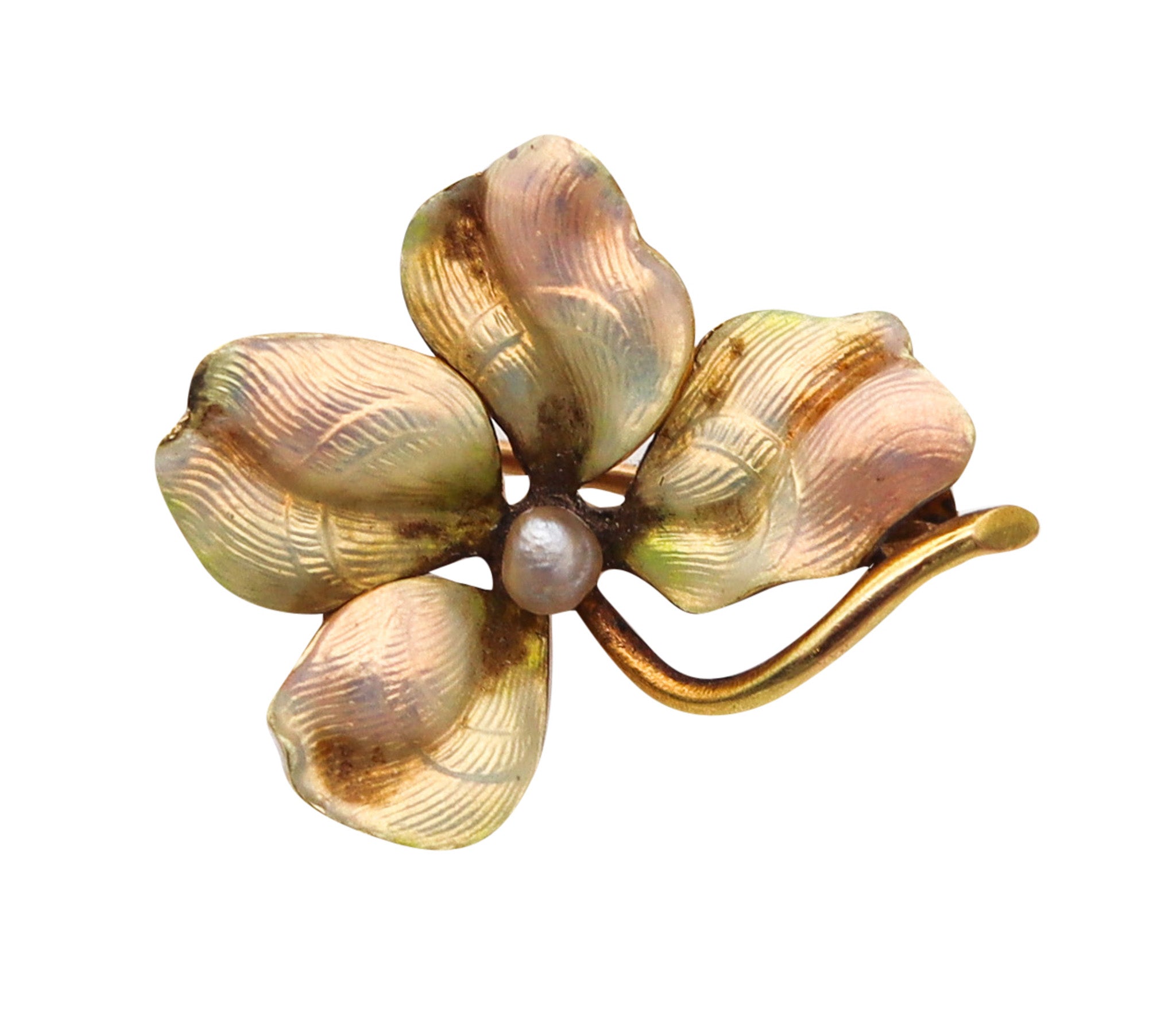 -Art Nouveau 1900 Edwardian Enamel Orchid Flower Brooch In 14Kt Gold and Pearl