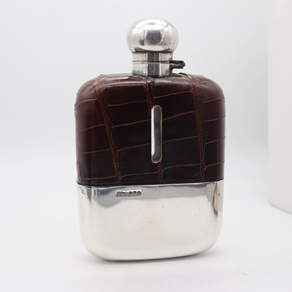 JAMES DIXON & SONS 1891 Sheffield Large Liquor Flask In .925 Sterling & Crocodile
