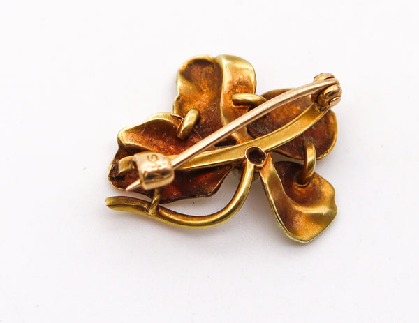 -Art Nouveau 1900 Edwardian Enamel Orchid Flower Brooch In 14Kt Gold and Pearl