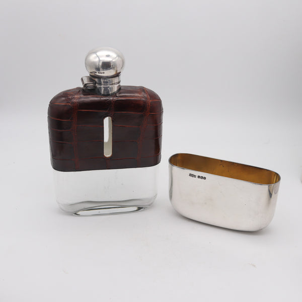 JAMES DIXON & SONS 1891 Sheffield Large Liquor Flask In .925 Sterling & Crocodile