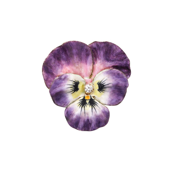 -Edwardian 1900 Enameled Purple Pansy Flower Brooch In 14Kt Gold With Diamond