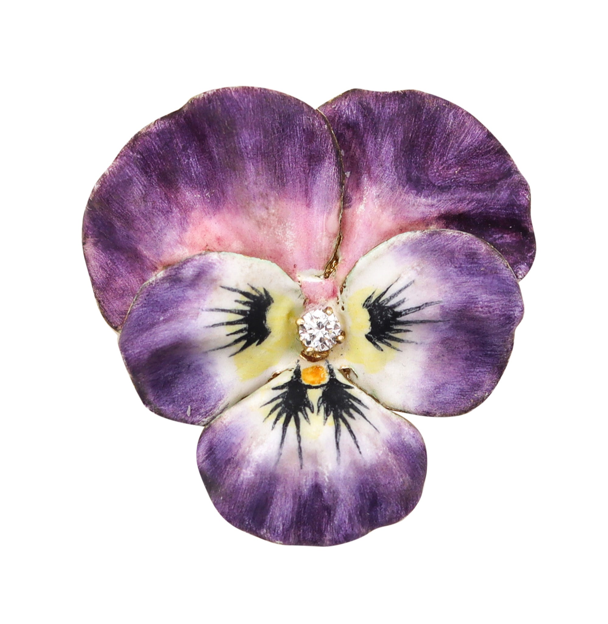 -Edwardian 1900 Enameled Purple Pansy Flower Brooch In 14Kt Gold With Diamond