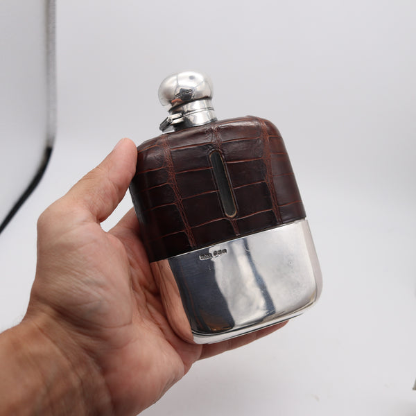 JAMES DIXON & SONS 1891 Sheffield Large Liquor Flask In .925 Sterling & Crocodile