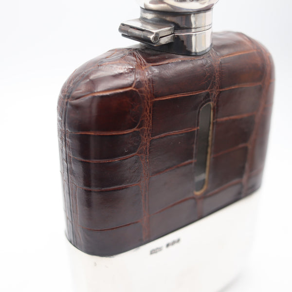 JAMES DIXON & SONS 1891 Sheffield Large Liquor Flask In .925 Sterling & Crocodile