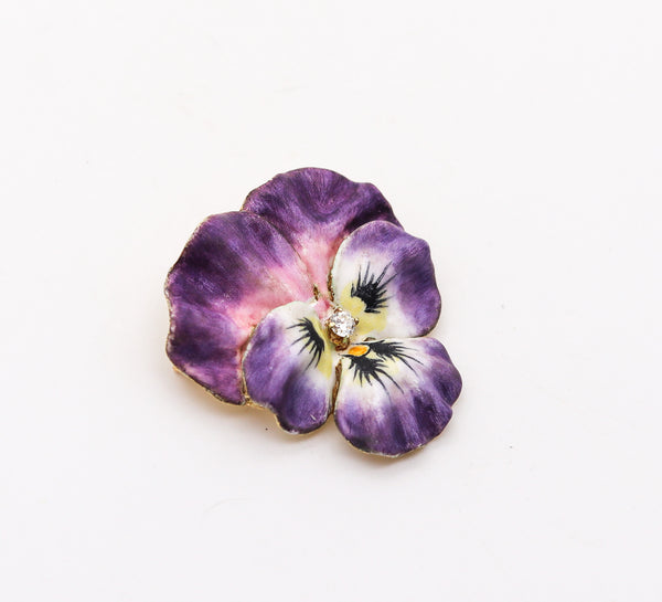 -Edwardian 1900 Enameled Purple Pansy Flower Brooch In 14Kt Gold With Diamond