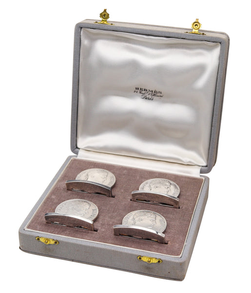HERMES Paris 1970 Table Menu-Cards Holders With Napoleon Coins 925 Sterling Silver