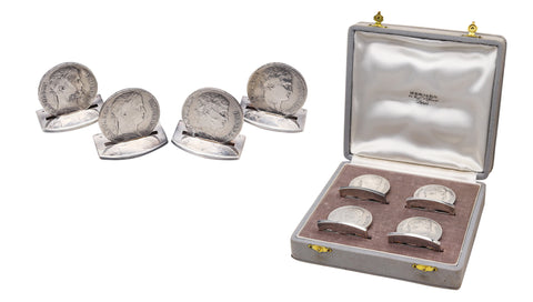 HERMES Paris 1970 Table Menu-Cards Holders With Napoleon Coins 925 Sterling Silver