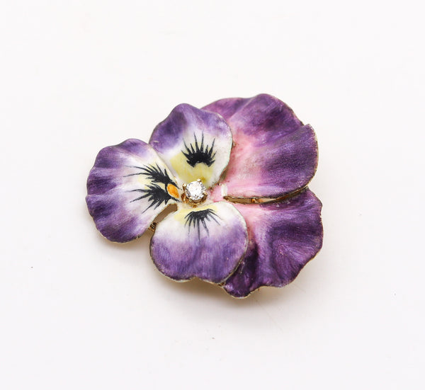 -Edwardian 1900 Enameled Purple Pansy Flower Brooch In 14Kt Gold With Diamond