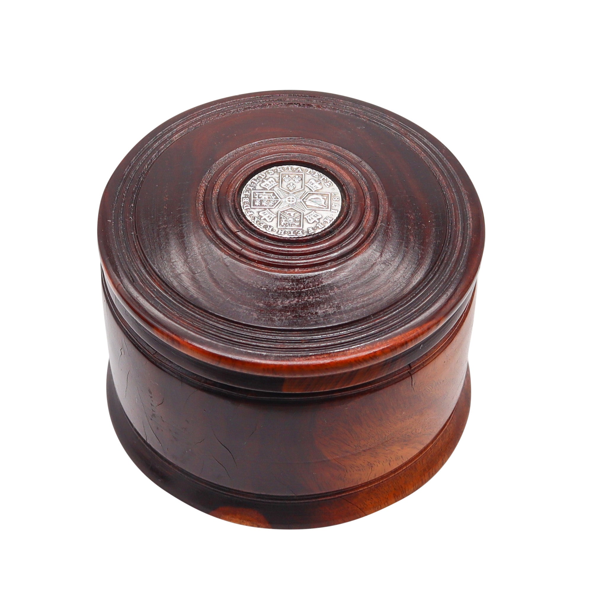 ENGLAND 1787 George III Tobacco Round Desk Box In Carved Wood And Silver