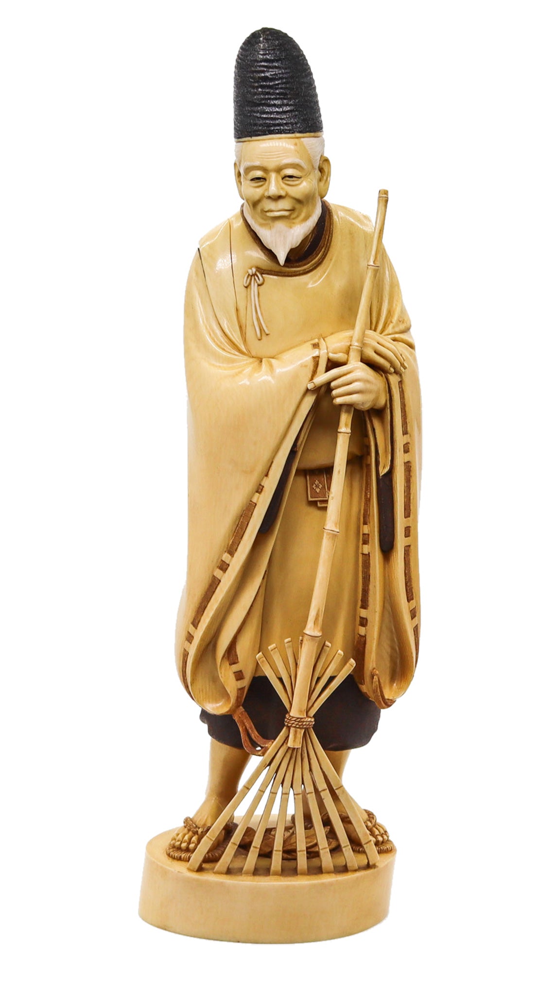 JAPAN 1890 Meiji Carved Sculpture of a Dressed Monk With a Rake