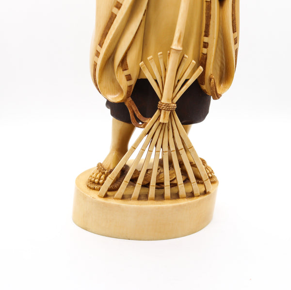 JAPAN 1890 Meiji Carved Sculpture of a Dressed Monk With a Rake