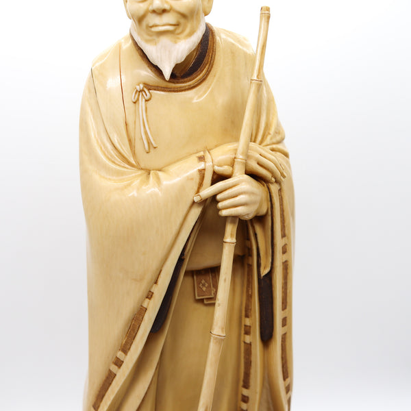 JAPAN 1890 Meiji Carved Sculpture of a Dressed Monk With a Rake