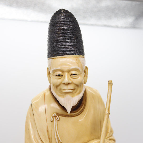 JAPAN 1890 Meiji Carved Sculpture of a Dressed Monk With a Rake