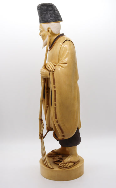 JAPAN 1890 Meiji Carved Sculpture of a Dressed Monk With a Rake