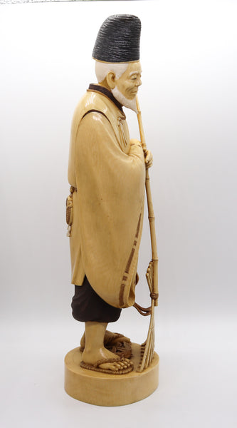 JAPAN 1890 Meiji Carved Sculpture of a Dressed Monk With a Rake