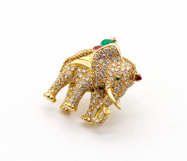 -Cartier Paris Elephant Brooch In 18Kt Gold With 5.24 Ctw Diamonds Emeralds & Rubies