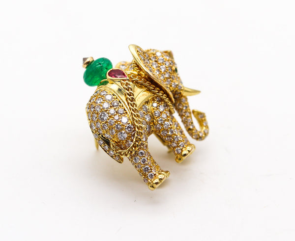 -Cartier Paris Elephant Brooch In 18Kt Gold With 5.24 Ctw Diamonds Emeralds & Rubies