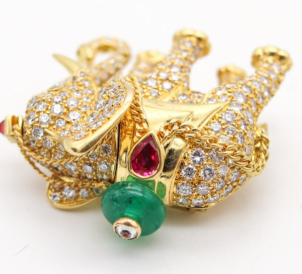 -Cartier Paris Elephant Brooch In 18Kt Gold With 5.24 Ctw Diamonds Emeralds & Rubies