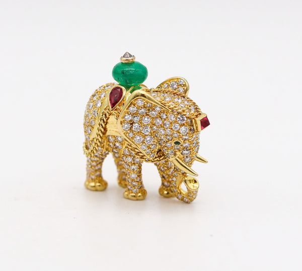 -Cartier Paris Elephant Brooch In 18Kt Gold With 5.24 Ctw Diamonds Emeralds & Rubies