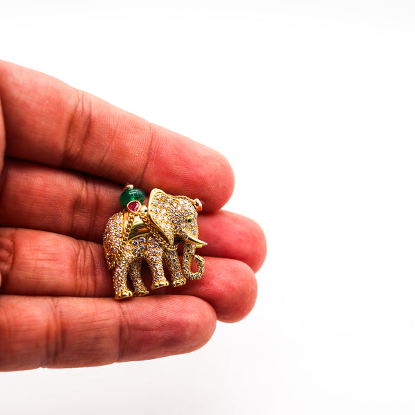 -Cartier Paris Elephant Brooch In 18Kt Gold With 5.24 Ctw Diamonds Emeralds & Rubies