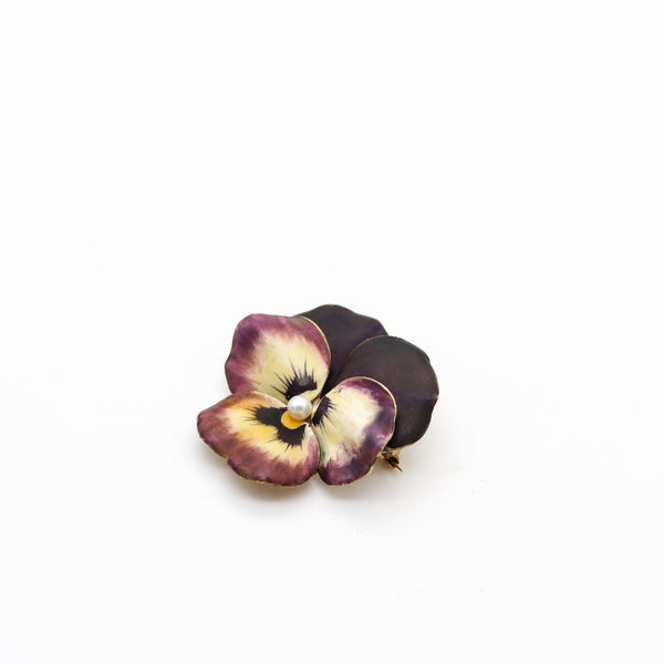 -Hedges & Co. 1900 Art Nouveau Purple Enamel Pansy Brooch In 14Kt Gold and Pearl