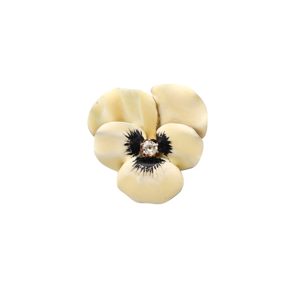 -Edwardian 1900 Enameled White Pansy Flower Brooch In 14Kt Gold With Diamond