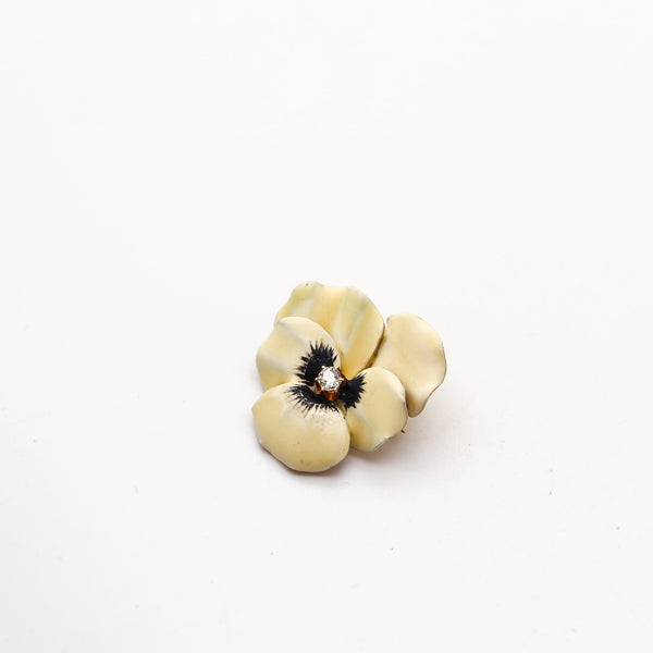 -Edwardian 1900 Enameled White Pansy Flower Brooch In 14Kt Gold With Diamond