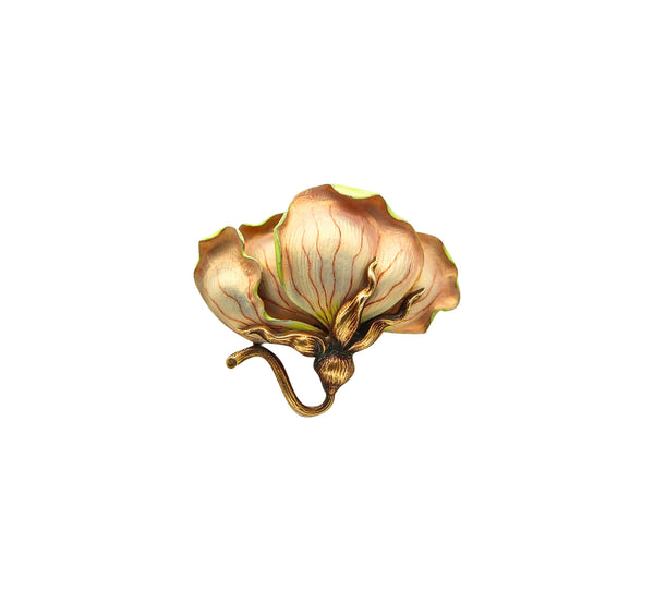 -Art Nouveau 1900 Opalescent Enameled Orchid Pendant Brooch In 14Kt Yellow Gold