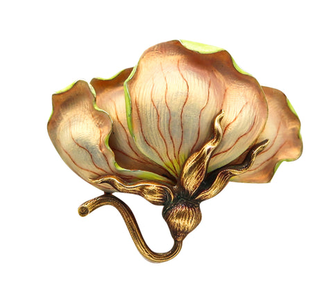 -Art Nouveau 1900 Opalescent Enameled Orchid Pendant Brooch In 14Kt Yellow Gold