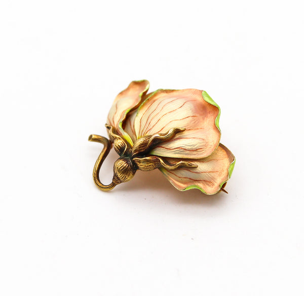 -Art Nouveau 1900 Opalescent Enameled Orchid Pendant Brooch In 14Kt Yellow Gold