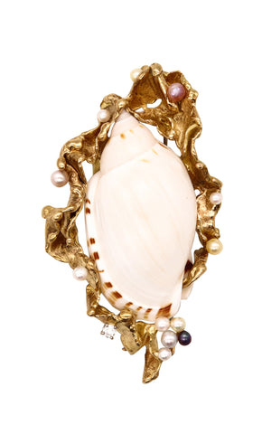 -Gilbert Albert 1970 Swiss Modernist Pendant Brooch In 18Kt Gold Shell And Pearls